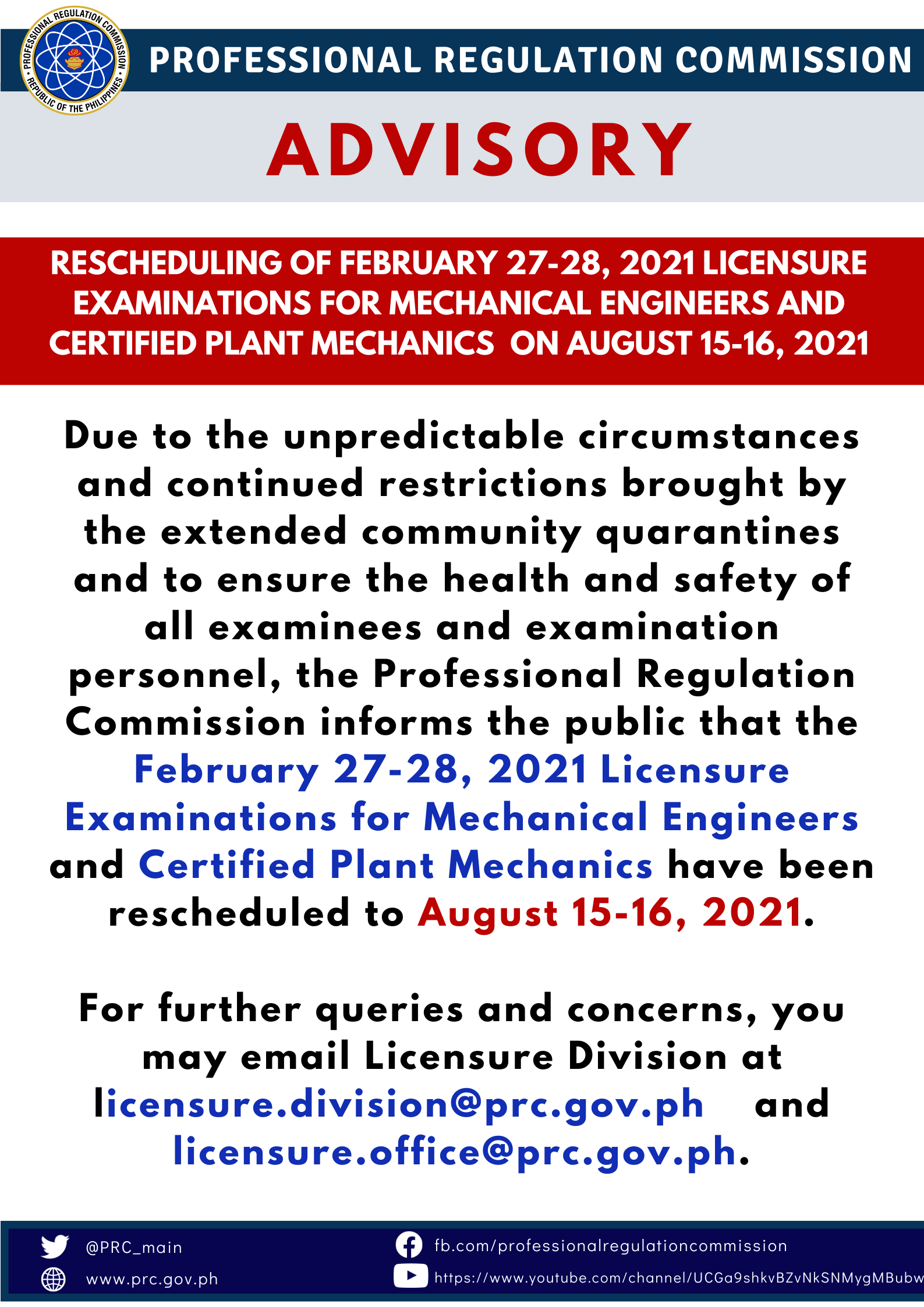 Rescheduling Of February 27 28 2021 Licensure Examinations For Mechanical Engineers And Certified Plant Mechanics On August 15 16 2021 Professional Regulation Commission