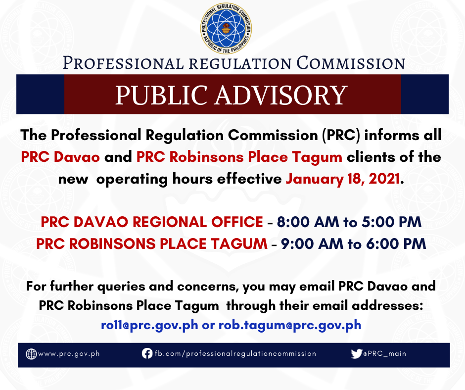 New Operating Hours Of Prc Davao And Prc Robinsons Place um Professional Regulation Commission
